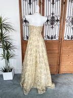 Luxurious Champagne Gold A-Line Strapless Embroidered Lace Tulle Long Prom Dress Evening Dress