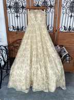 Luxurious Champagne Gold A-Line Strapless Embroidered Lace Tulle Long Prom Dress Evening Dress