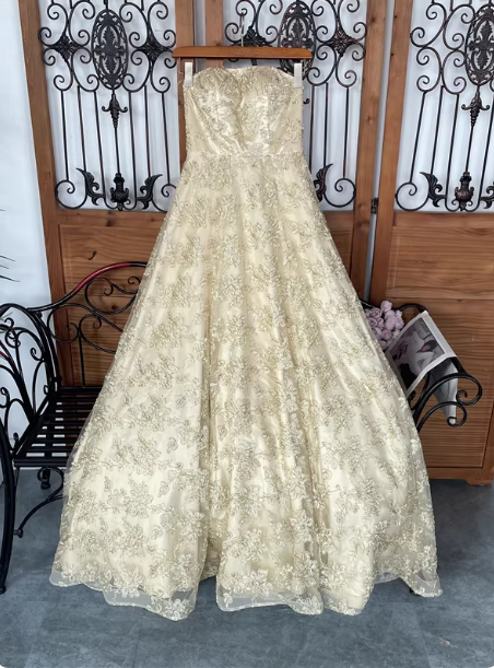 Luxurious Champagne Gold A-Line Strapless Embroidered Lace Tulle Long Prom Dress Evening Dress