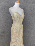Luxurious Champagne Gold Crew Neck Rhinestone Lace Train Prom Dress Evening Dress