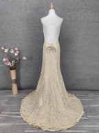 Luxurious Champagne Gold Crew Neck Rhinestone Lace Train Prom Dress Evening Dress