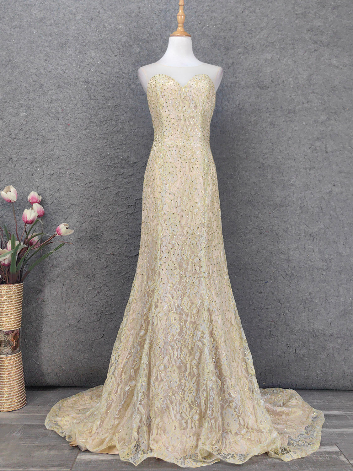 Luxurious Champagne Gold Crew Neck Rhinestone Lace Train Prom Dress Evening Dress Main image