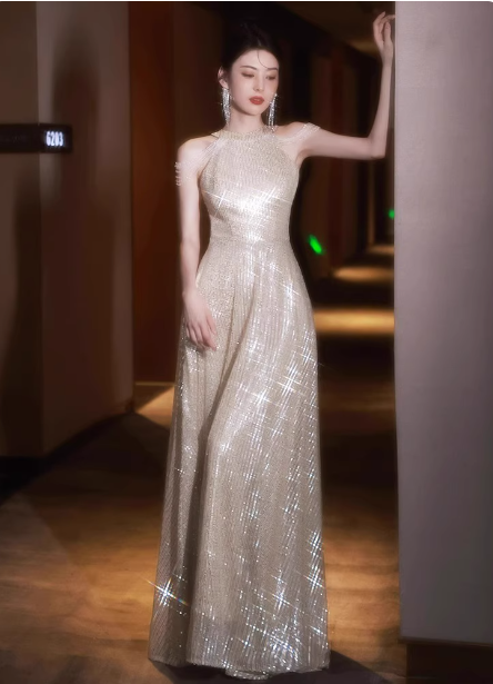 Luxurious Champagne Gold Halter Cold Shoulder Sequined Long Prom Dress Evening Dress Secondary image