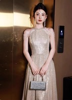 Luxurious Champagne Gold Halter Cold Shoulder Sequined Long Prom Dress Evening Dress