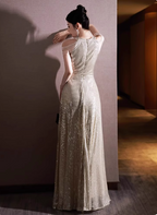 Luxurious Champagne Gold Halter Cold Shoulder Sequined Long Prom Dress Evening Dress