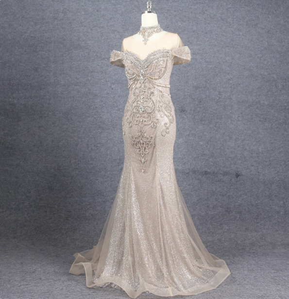 Luxurious Champagne Gold Mermaid Off-The-Shoulder Beaded Tulle Long Prom Dress Evening Dress