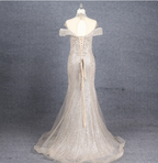Luxurious Champagne Gold Mermaid Off-The-Shoulder Beaded Tulle Long Prom Dress Evening Dress