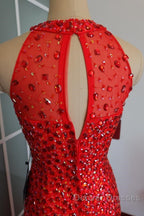 Luxurious Crystal Beaded Halter Mermaid Evening Dress Leg Split Prom Gowns