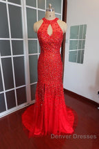 Luxurious Crystal Beaded Halter Mermaid Evening Dress Leg Split Prom Gowns