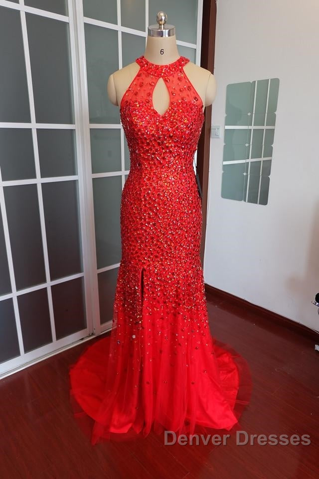 Luxurious Crystal Beaded Halter Mermaid Evening Dress Leg Split Prom Gowns
