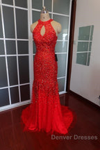 Luxurious Crystal Beaded Halter Mermaid Evening Dress Leg Split Prom Gowns