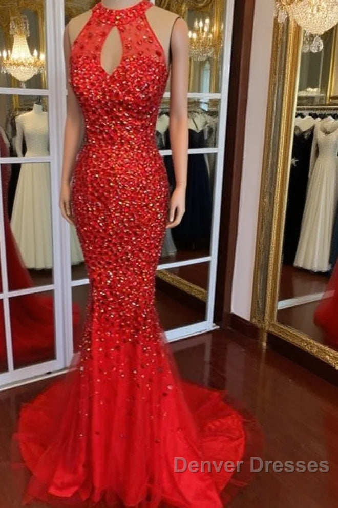 Luxurious Crystal Beaded Halter Mermaid Evening Dress Leg Split Prom Gowns Main image