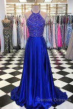 Luxurious Crystal Halter Prom Dress Long Satin Leg Split Evening Gowns