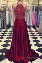 Luxurious Crystal Halter Prom Dress Long Satin Leg Split Evening Gowns