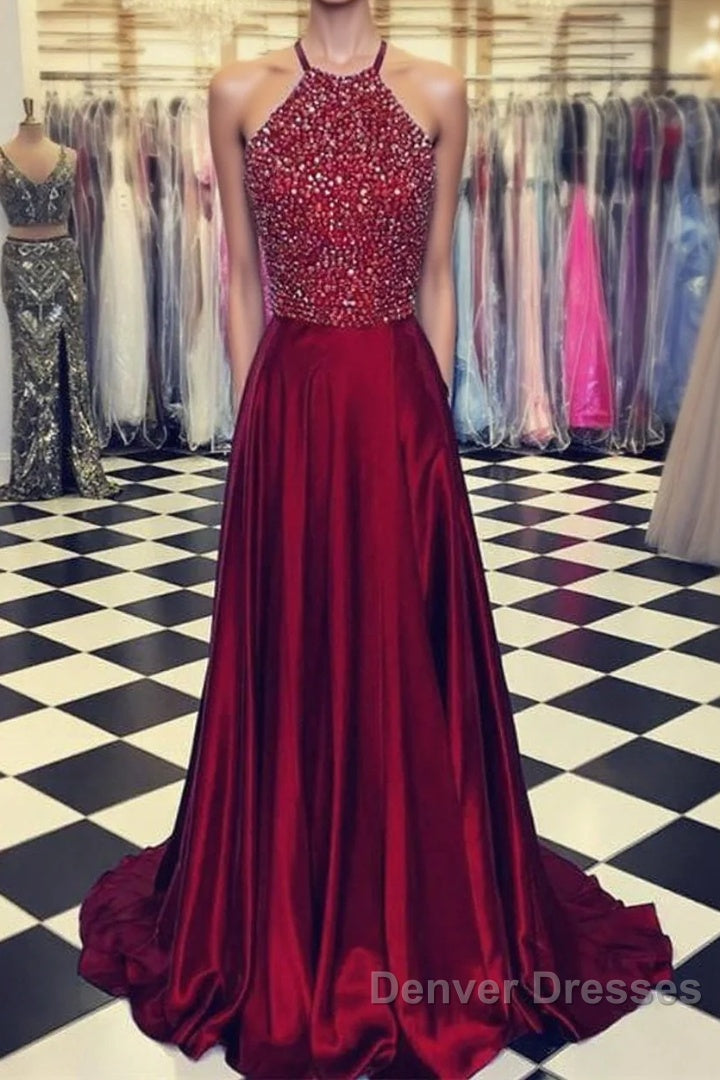 Luxurious Crystal Halter Prom Dress Long Satin Leg Split Evening Gowns