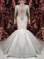 Luxurious Crystals Mermaid Bridal Gowns Long Sleevess Chapel Train Wedding Dress