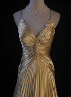 Luxurious Elegant Yellow A-Line V-Neck Spaghetti Strap Knot Ruched Satin Long Prom Dress Evening Dress