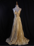 Luxurious Elegant Yellow A-Line V-Neck Spaghetti Strap Knot Ruched Satin Long Prom Dress Evening Dress