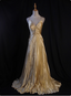 Luxurious Elegant Yellow A-Line V-Neck Spaghetti Strap Knot Ruched Satin Long Prom Dress Evening Dress