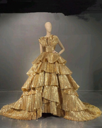 Luxurious Gold Strapless Pleated Irregular Neck Layered Prom Dress Ball Gown Quinceanera Party Dress
