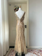 Luxurious Gold V-Neck Mermaid Sequined Long Prom Dress Evening Dress
