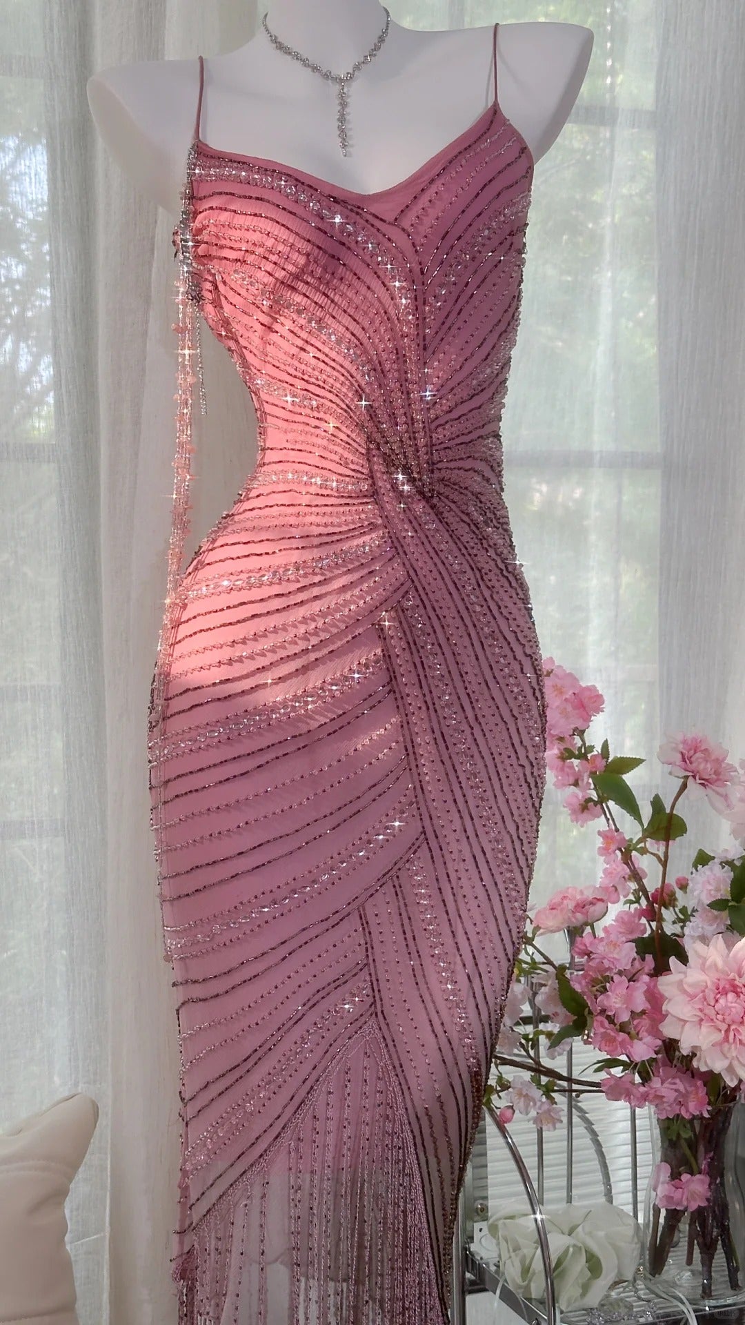 Luxurious Heavy Pink Tassel Beaded Mermaid Prom Dress