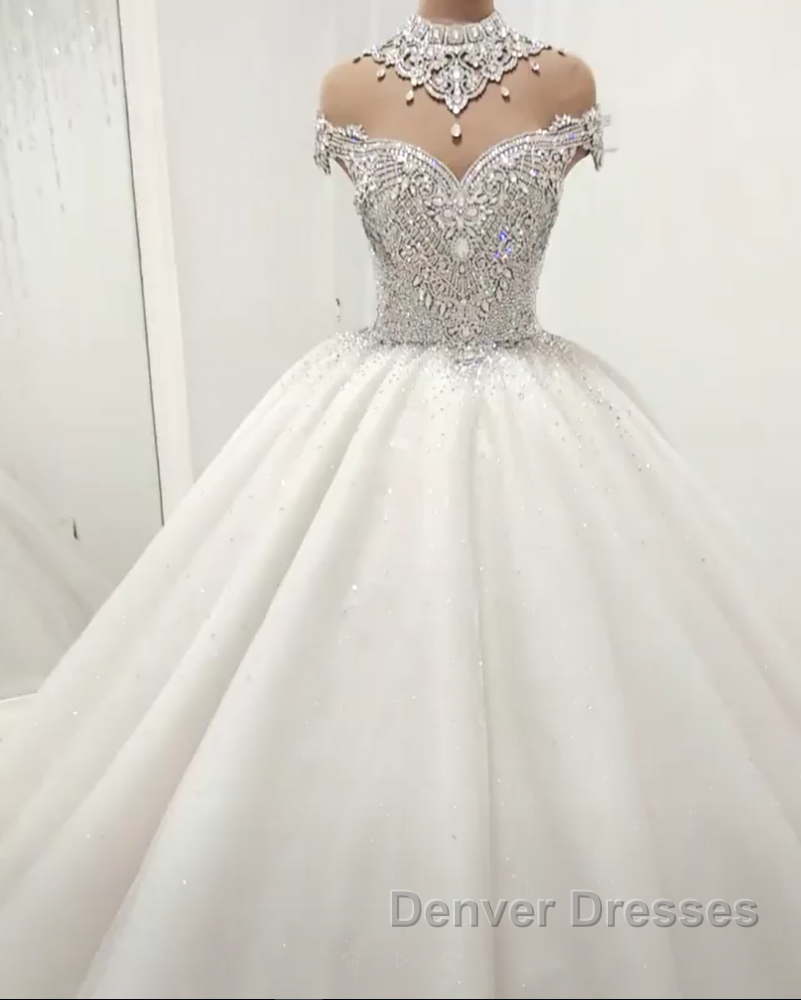 Luxurious High Neck Crystal Beading Ball Gown Wedding Dress