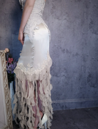 Luxurious Ivory Mermaid Thin Strap Pearl Ruffled Satin Long Prom Dress Evening Dress