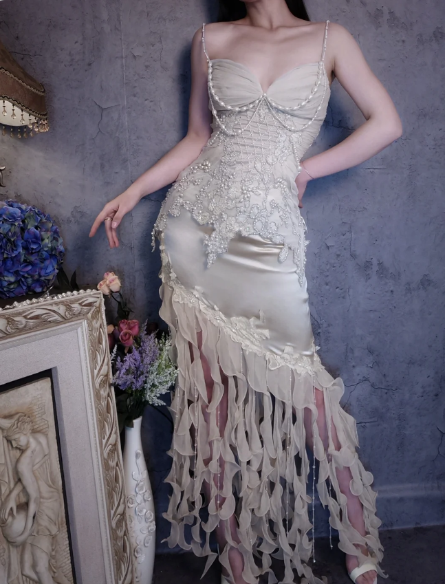 Luxurious Ivory Mermaid Thin Strap Pearl Ruffled Satin Long Prom Dress Evening Dress