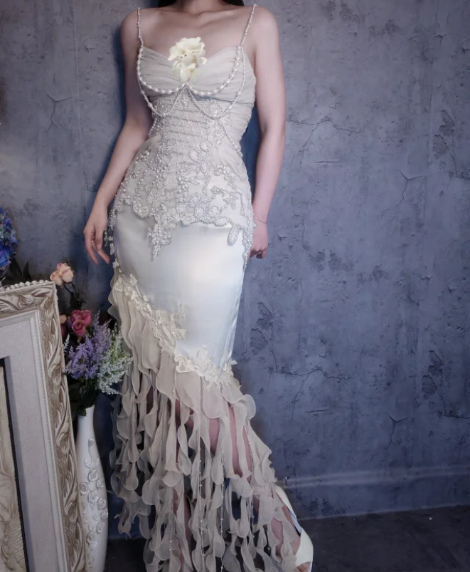 Luxurious Ivory Mermaid Thin Strap Pearl Ruffled Satin Long Prom Dress Evening Dress
