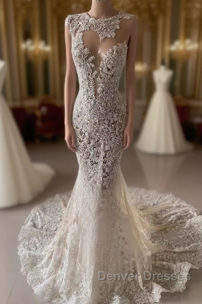 Luxurious Mermaid Lace Appliques Wedding Dress Sheer Skirt Main image