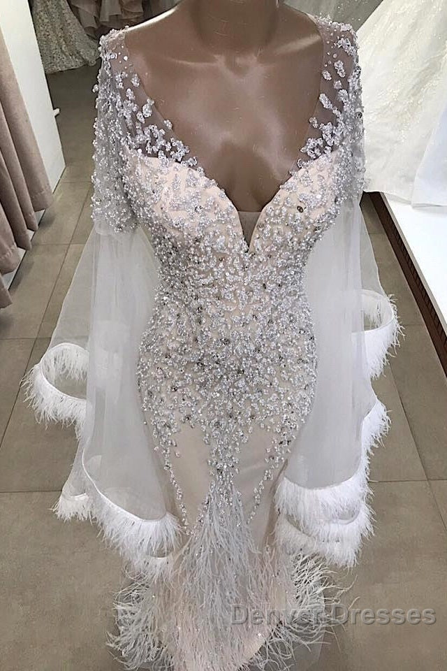 Luxurious Mermaid V-Neck Long Sleevess Crystal Floor Length Prom Dress With Tassels