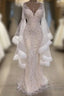Luxurious Mermaid V-Neck Long Sleevess Crystal Floor Length Prom Dress With Tassels