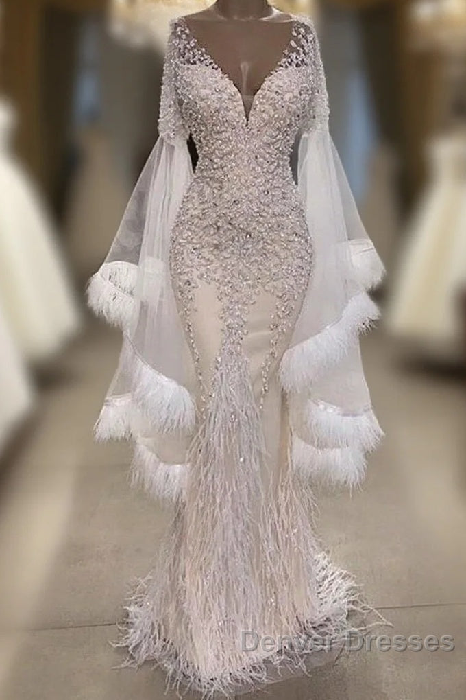 Luxurious Mermaid V-Neck Long Sleevess Crystal Floor Length Prom Dress With Tassels Main image