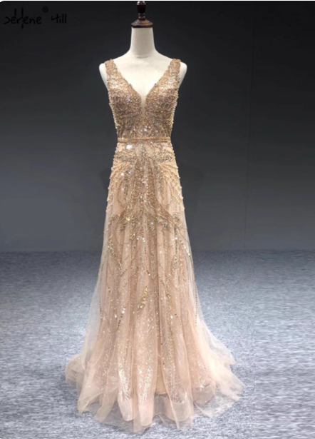 Luxurious Nude Pink A-Line V-Neck Beaded Embroidered Tulle Long Prom Dress Evening Dress