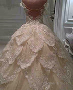 Luxurious Off the Shoulder Beading Wedding Dress Crystal Tiered Chapel Train Bridal Gowns