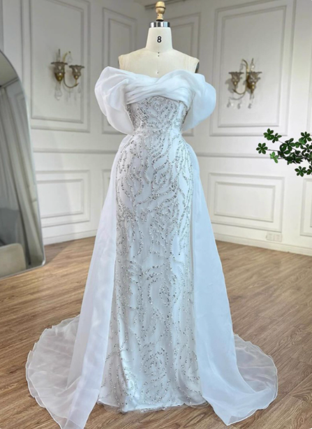 Luxurious Palace White Mermaid Off-The-Shoulder Beaded Tulle Train Prom Dress Evening Dress Secondary image