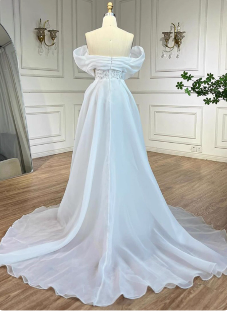 Luxurious Palace White Mermaid Off-The-Shoulder Beaded Tulle Train Prom Dress Evening Dress