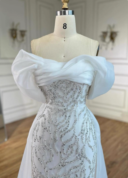 Luxurious Palace White Mermaid Off-The-Shoulder Beaded Tulle Train Prom Dress Evening Dress