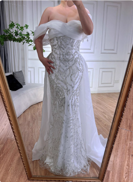 Luxurious Palace White Mermaid Off-The-Shoulder Beaded Tulle Train Prom Dress Evening Dress Main image