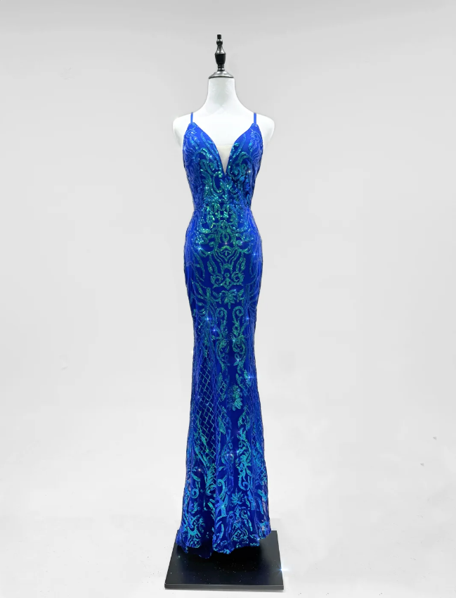 Luxurious Royal Blue Mermaid V-Neck Sequined Long Prom Dress Evening Dress Secondary image