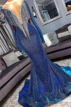 Luxurious Sequins Long Sleevess Mermaid Sheer Neckline Prom Dresses
