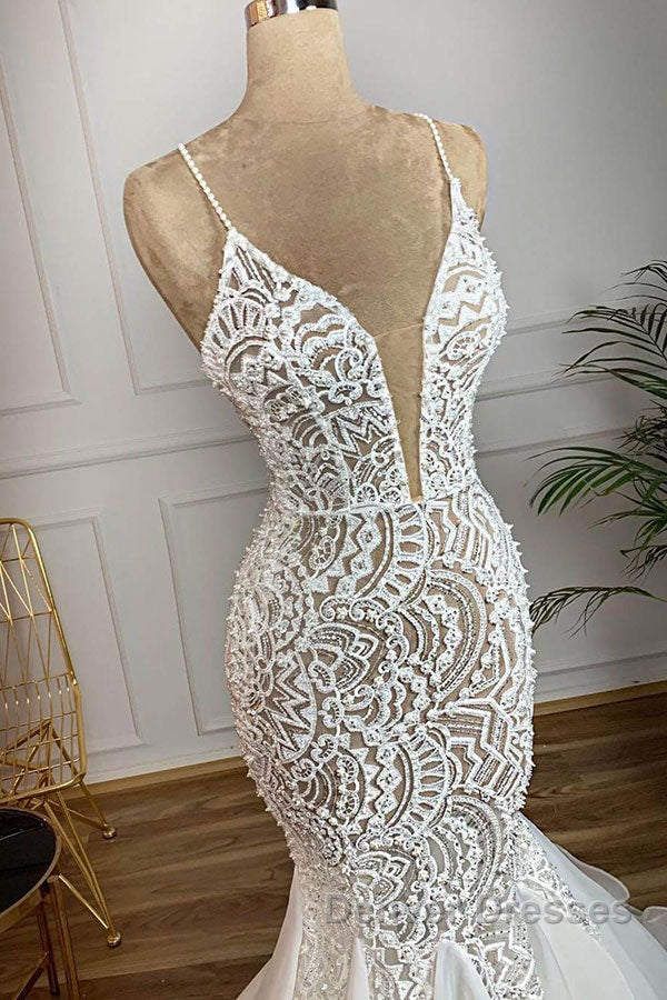 Luxurious Spaghetti Strap Plugging V neck White Sleeveless Mermaid Hollow Wedding Dress Secondary image