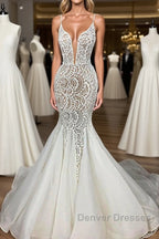 Luxurious Spaghetti Strap Plugging V neck White Sleeveless Mermaid Hollow Wedding Dress