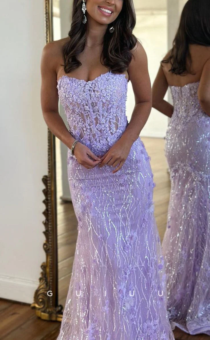 Luxurious Strapless Sheer Lace Applique Long Prom Dress Birthday Outfit Secondary image