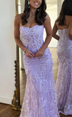Luxurious Strapless Sheer Lace Applique Long Prom Dress Birthday Outfit