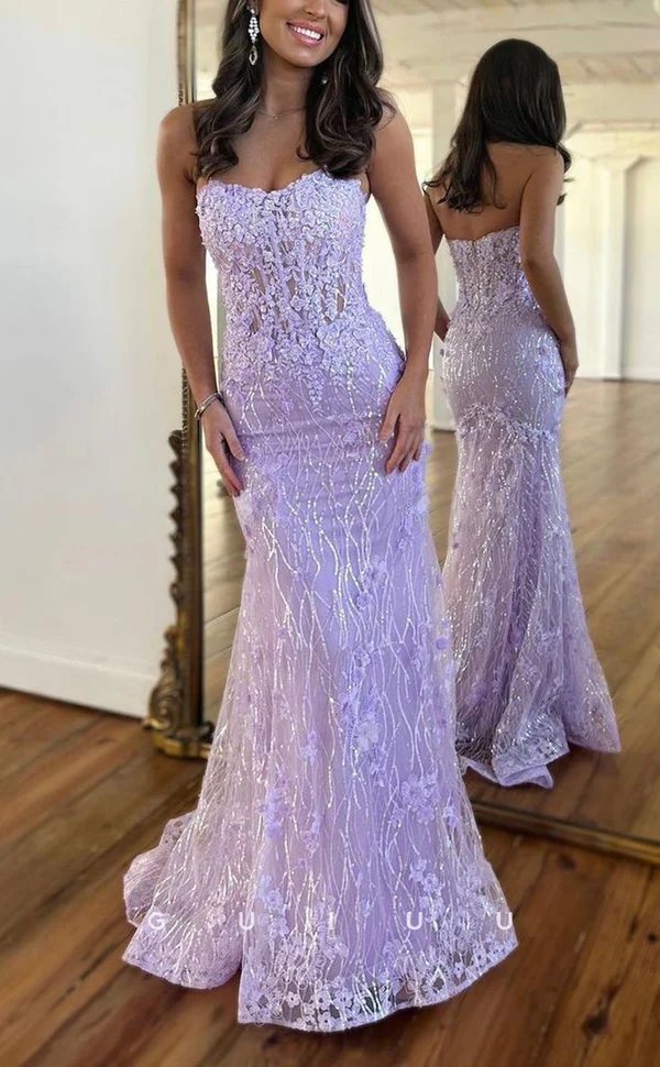 Luxurious Strapless Sheer Lace Applique Long Prom Dress Birthday Outfit Main image
