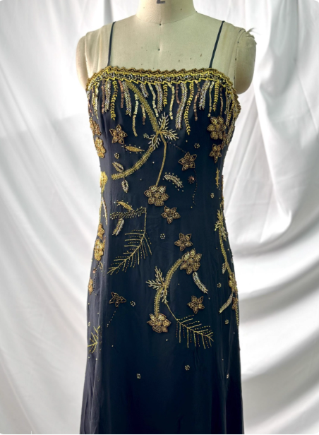 Luxurious Vintage Black Thin Strap Gold Beaded Embroidery Chiffon Long Prom Dress Evening Dress