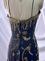 Luxurious Vintage Black Thin Strap Gold Beaded Embroidery Chiffon Long Prom Dress Evening Dress