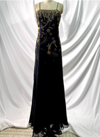 Luxurious Vintage Black Thin Strap Gold Beaded Embroidery Chiffon Long Prom Dress Evening Dress